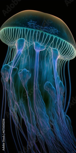 AI generated illustration of a jellyfish illuminated in a dark underwater environment