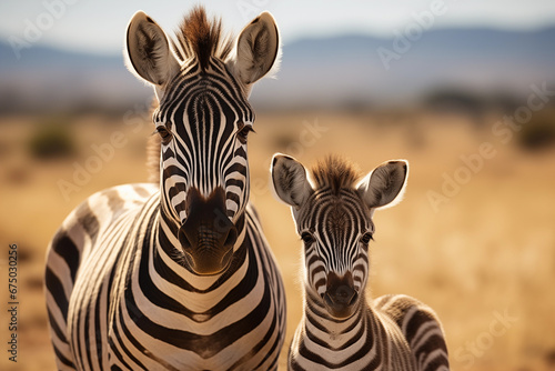 portrait of two zebras looking at the camera photo