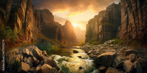 AI generated illustration of a majestic waterfall cascading through a rocky canyon at sunset photo
