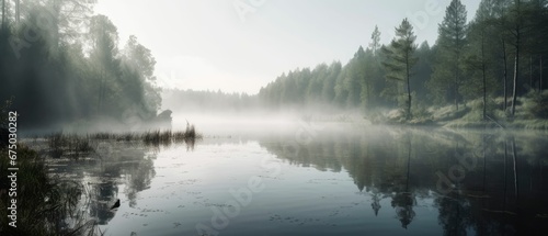 AI generated illustration of a lake surrounded by a forest on a foggy day