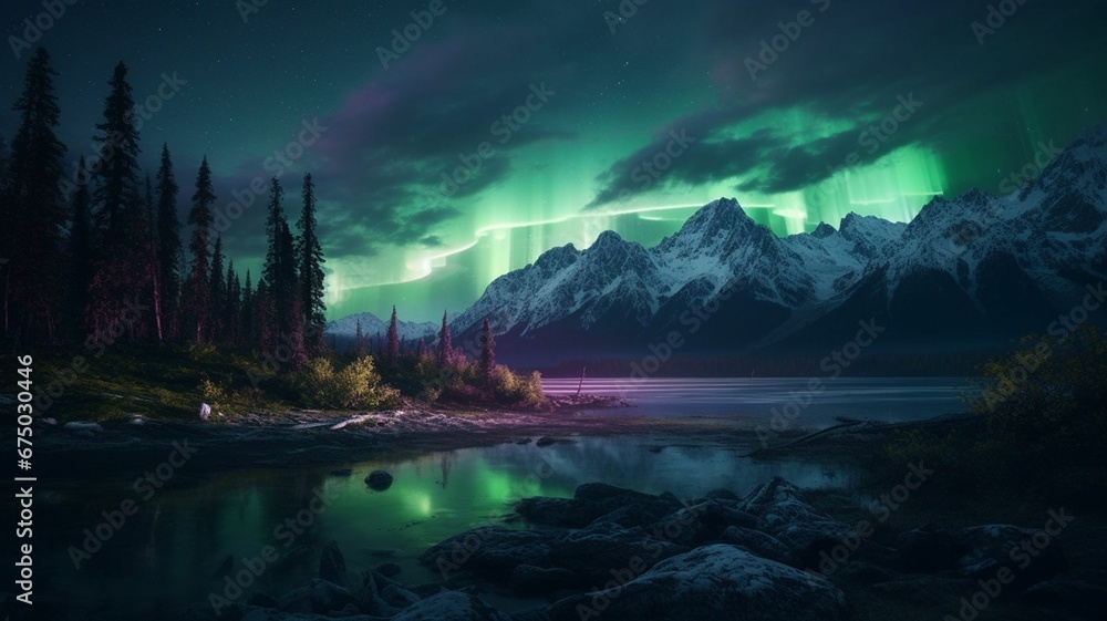a lake with green lights in the background of a mountain range a lake with green lights in the background of a mountain range