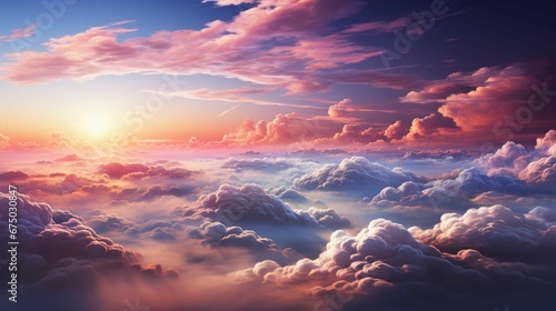 AI generated illustration of bright sunrise with white and pin fluffy clouds in the sky photo