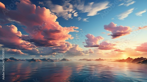 AI generated illustration of A stunning landscape of a tranquil sunset over a body of water photo