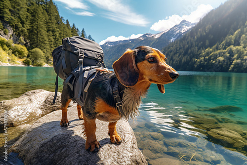 The photo shoot of a little dachshund walking on a trail with a backpack, stands on a rocky ground near natural mountains and a turquoise river. Generative AI. photo