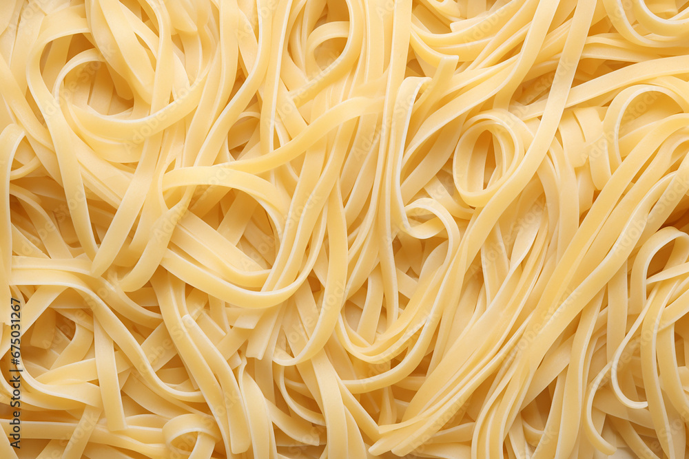 The close up detail of fresh cooked homemade strand pasta spaghetti texture as a background and wallpaper. Generative AI.