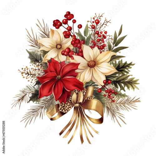 Christmas Floral bouquet  Watercolor red berries  green branch isolated on transparent background
