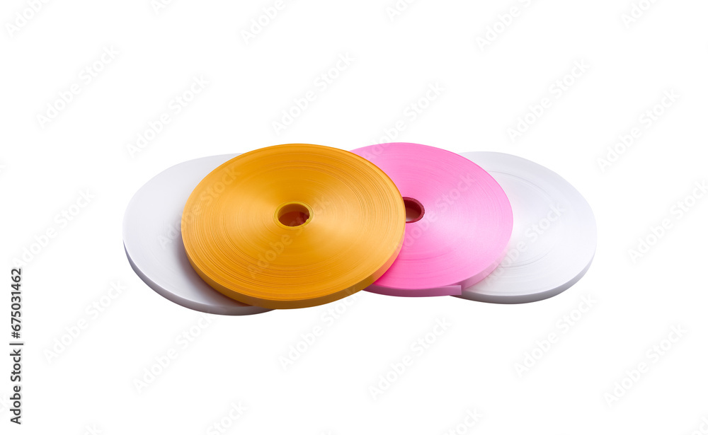 Gold pink white ribbon roll pile isolated on white background , clipping path Gold pink white ribbon roll pile isolated on white background , clipping path