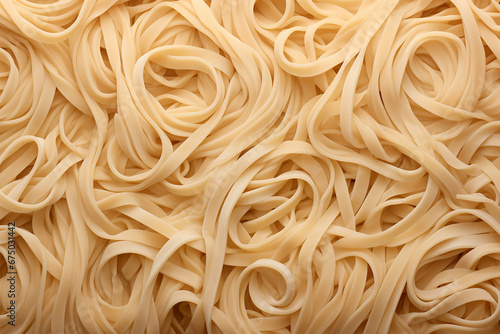 The close up detail of fresh cooked homemade strand pasta spaghetti texture as a background and wallpaper. Generative AI. photo