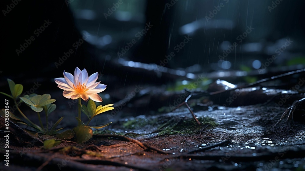 AI generated illustration of a small white flower on the wet forest floor in the rain at night