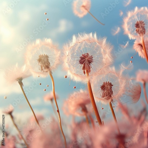 AI generated illustration of a bright sunny day illuminating a field of dandelions