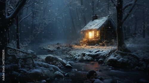 AI generated illustration of an illuminated wooden cabin nestled amongst a dark snowy forest