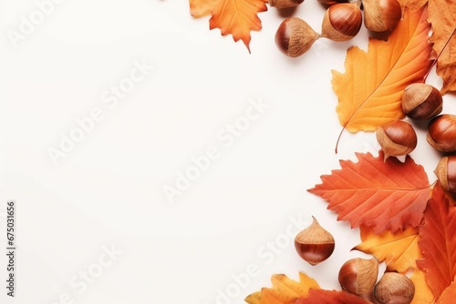 AI generated illustration of an autumnal background with nuts, leaves, and acorns with a copy space