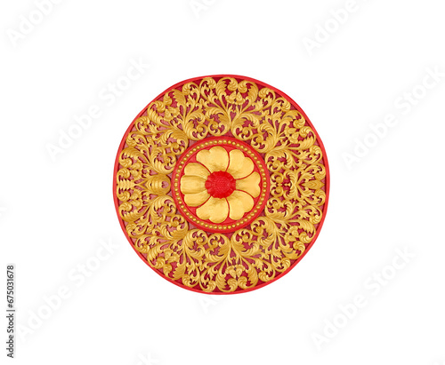 Carving flower gold texture in circle seamless patterns on red wood wall for decorative isolated white background , clipping path