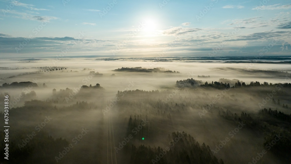 Aerial view flying over remote forest covered in nordic morning haze