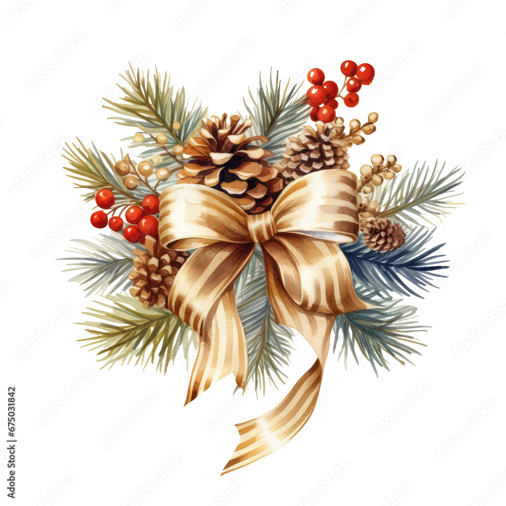 gold bow with christmas flower, pine cone and berries isolated on transparent background