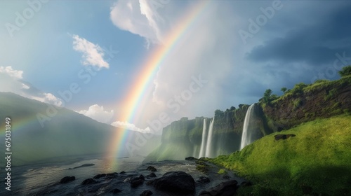 AI generated illustration of a tranquil waterfall cascading down a rocky cliff face photo