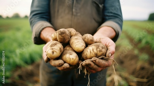 a man holding up a pile of potato in front of a field