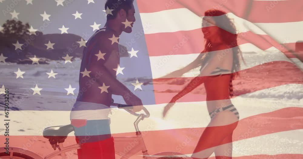 Animation of flag of usa over caucasian couple on beach in summer Animation of flag of usa over caucasian couple on beach in summer