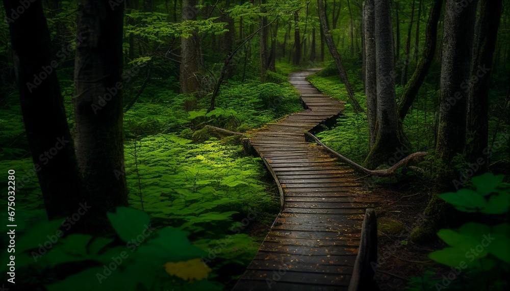 Obraz premium AI generated illustration of a wooden path in a green forest