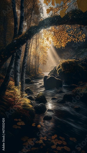 AI generated illustration of rocky river in the forest with sun light.