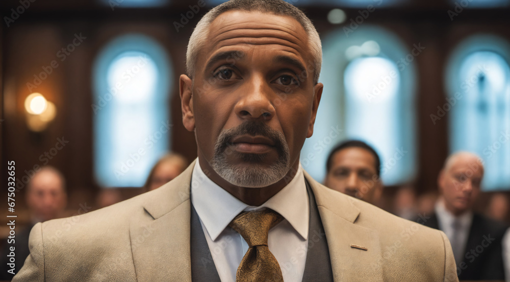 One confident and diverse Male Lawyer in Bokeh Court Room One confident and diverse Male Lawyer in Bokeh Court Room