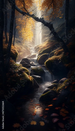 AI-generated illustration of a small stream in the forest.