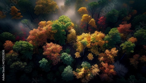 AI generated illustration of flowing waterfall surrounded by autumn trees
