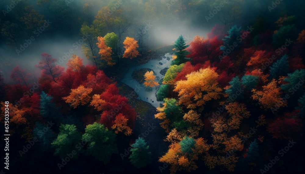 AI generated illustration of a river flowing between bright red autumn trees AI generated illustration of a river flowing between bright red autumn trees
