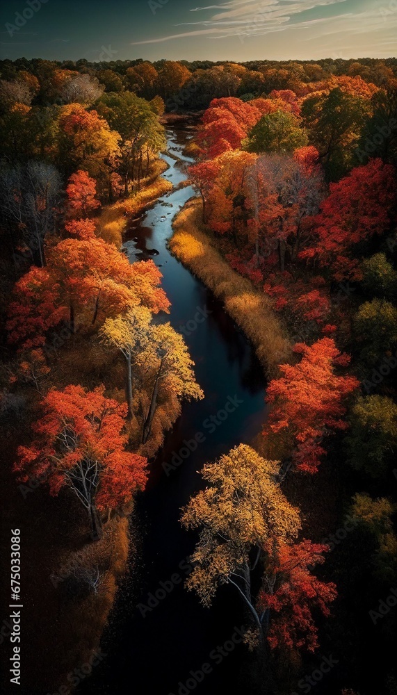 AI generated illustration of a river flowing between beautiful trees in autumn