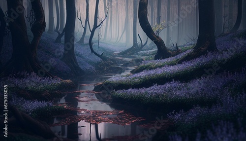 AI generated illustration of a magical river flowing between trees in a tranquil forest © Wirestock