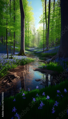 AI generated illustration of a river flowing between trees in a tranquil forest on a sunny day