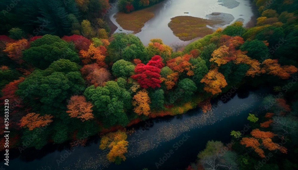 AI generated illustration of a river surrounded by autumn trees AI generated illustration of a river surrounded by autumn trees
