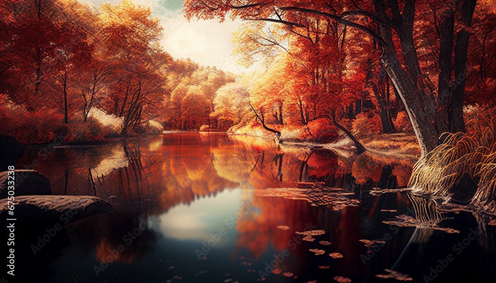 AI generated illustration of a calm river in an autumn forest