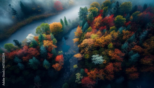 AI generated illustration of morning fog over a calm river in an autumn forest