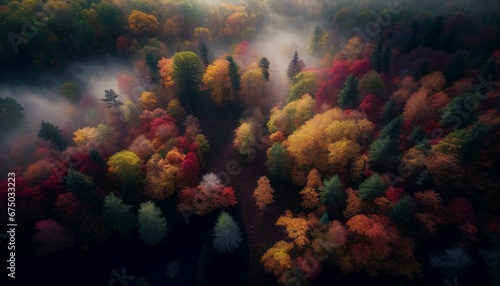 AI generated illustration of autumn trees in a foggy forest