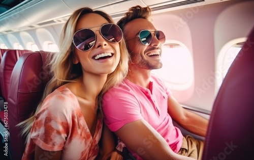 Young husband and wife wearing bright clothes are flying on a plane on vacation