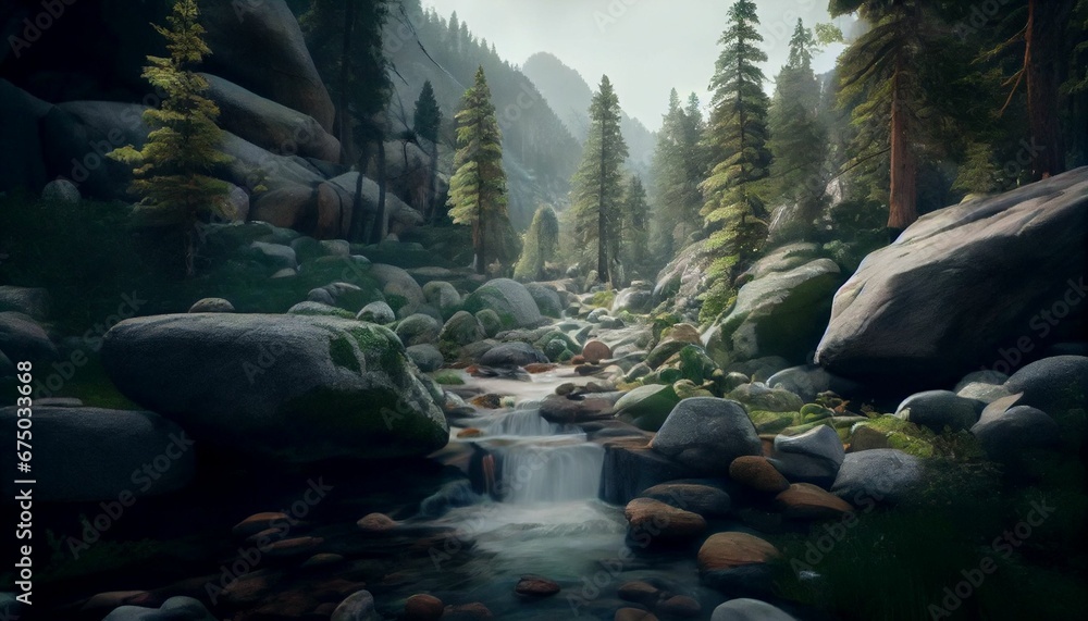 A small stream in a mountainous mountain scene AI generated