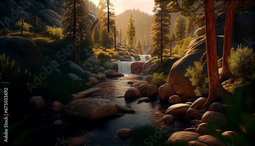 a river surrounded by rocks and pine trees in a rocky terrain area - AI generated