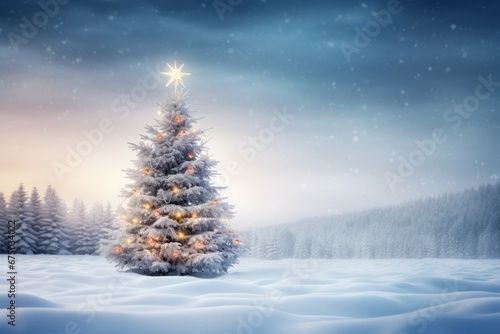 Decorated Christmas tree in a winter snowy forest. Merry Christmas and Happy New Year concept. Background © top images