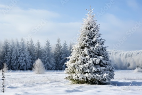 Snow-covered Christmas tree in the forest. Merry Christmas and Happy New Year concept. Background with copy space