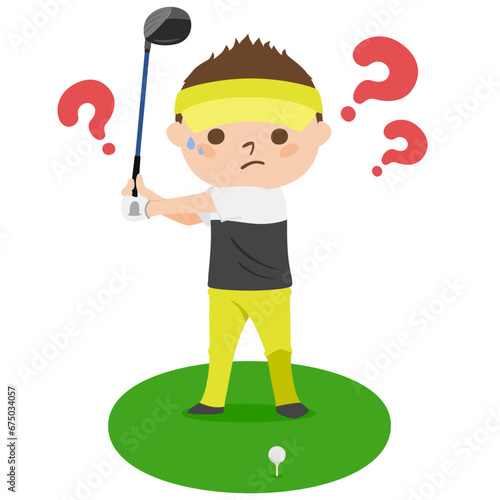 ゴルフのイラスト。ティーオフ。ドライバーのスイングを悩んでる男性。