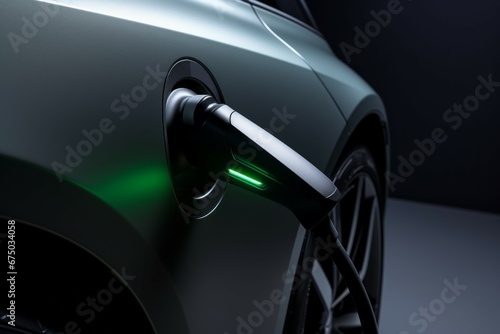 Charging an electric car close-up. Background with selective focus and copy space