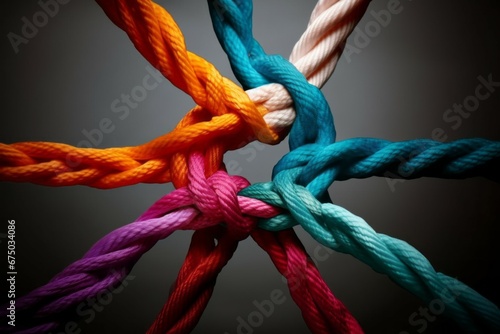 Different ropes are woven into a knot. Teamwork concept. Background with selective focus and copy space photo