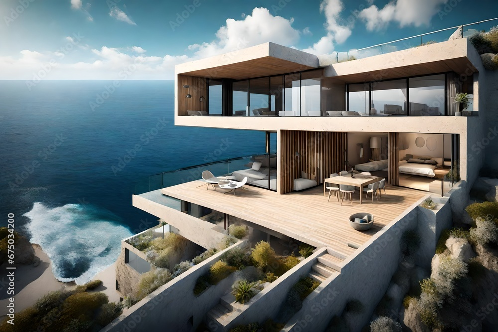 A coastal dwelling with a balcony overlooking the deep blue sea.