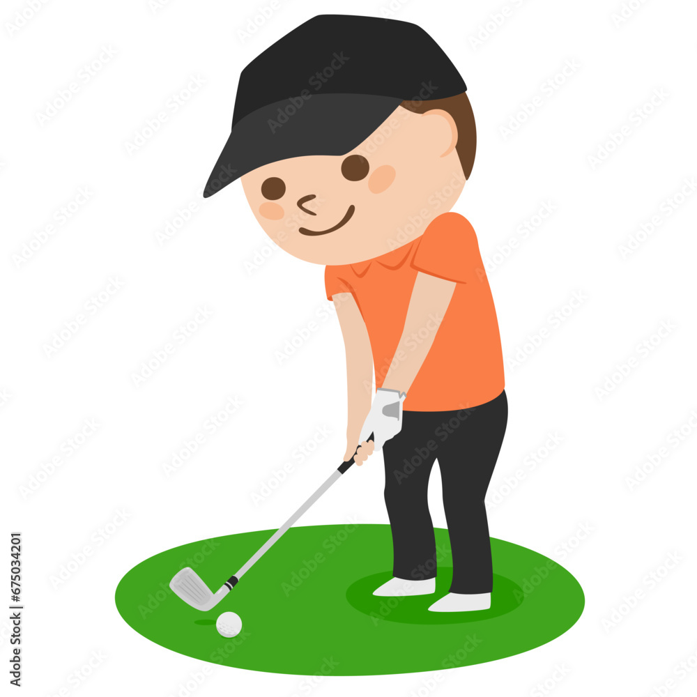 ゴルフのイラスト。フェアウェイ。アイアンを構えてる男性。 ゴルフのイラスト。フェアウェイ。アイアンを構えてる男性。