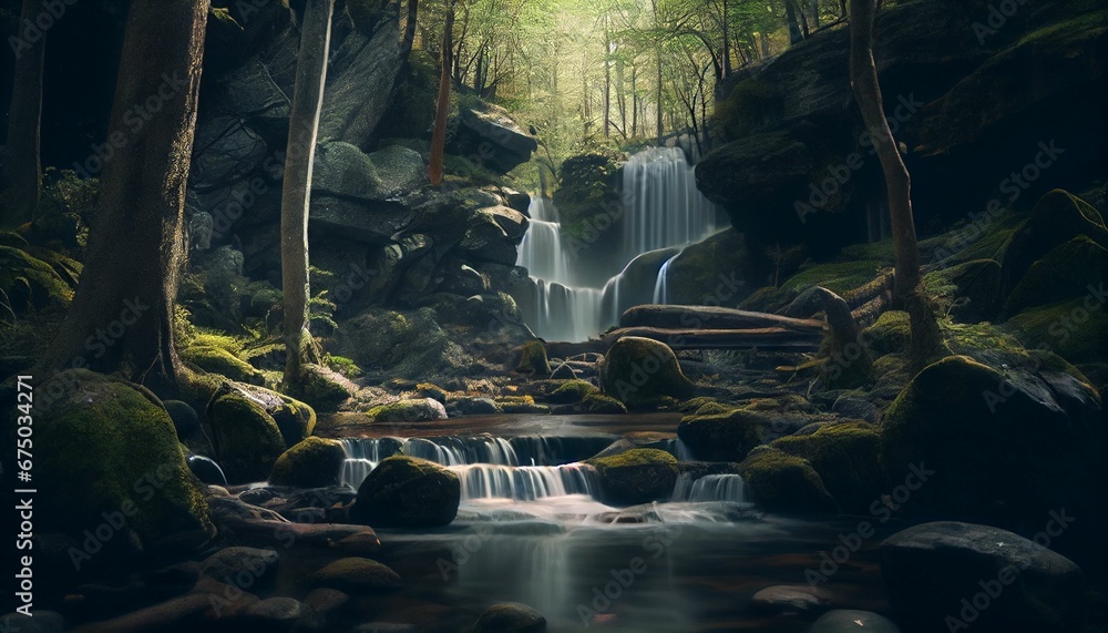 AI generated illustration of a majestic waterfall cascading down a mossy hillside