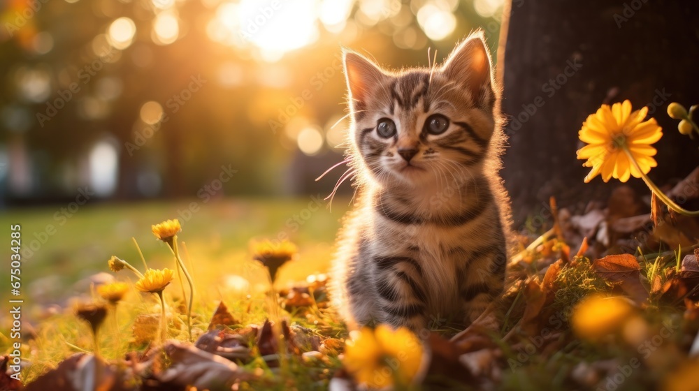 A Cute kitten playing with yellow autumn leaves at sunset. the backyard The background of the photo is a relaxing environment in the backyard. A Cute kitten playing with yellow autumn leaves at sunset. the backyard The background of the photo is a relaxing environment in the backyard.