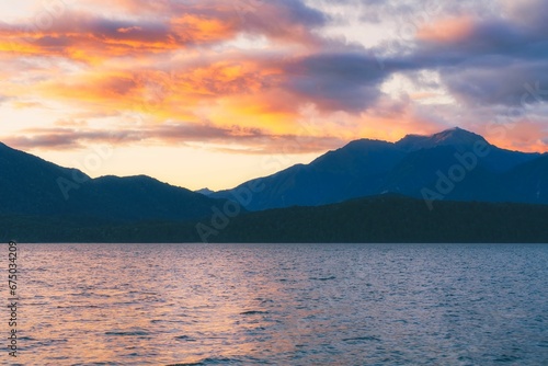 Beautiful view of Lake Te Anau in New Zealand during sunset.