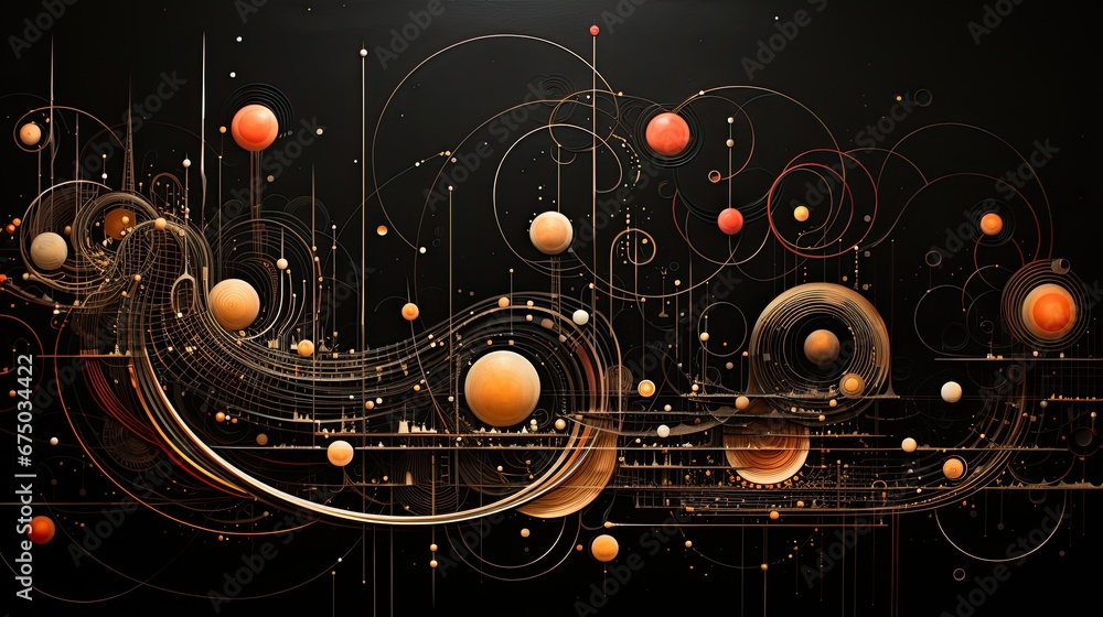 AI-generated abstract illustration of a very convoluted schematic of lines, curves, circles and dots in orange, yellow, gold and black. MidJourney.