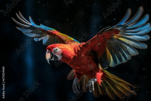 AI-generated illustration of A beautiful parrot soaring through the air © Wirestock